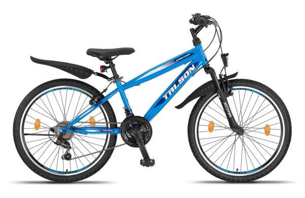 Talson 24 Zoll Mountainbike Fahrrad mit 21-Gang, Gabelfederung & Beleuchtung Blau