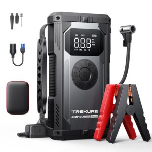 TREKURE Auto Starthilfe Powerbank mit Luftkompressor, 150PSI 5000A Spitzenstrom Starthilfe Powerbank für All Benzin und 10.0L Dieselmotor, Starthilfe mit LED, DC Ausgang und...