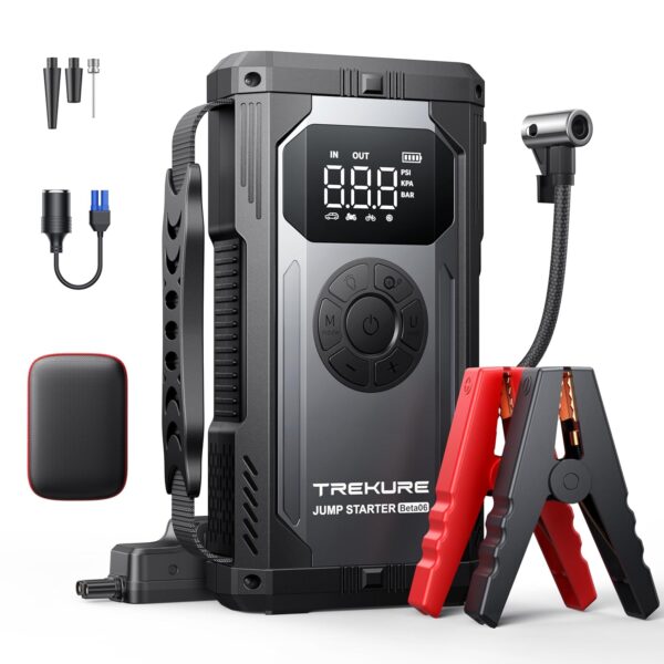 TREKURE Auto Starthilfe Powerbank mit Luftkompressor, 150PSI 5000A Spitzenstrom Starthilfe Powerbank für All Benzin und 10.0L Dieselmotor, Starthilfe mit LED, DC Ausgang und...