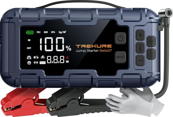 TREKURE Starthilfe Powerbank mit Luftkompressor, 160PSI 6500A Auto Starthilfe, PD 45W Eingang/Ausgang, Starthilfe(Bis zu All Benzin und 12.0L Dieselmotor) mit 600 Lumen LED und...