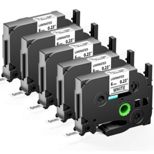 Upwinning Tze 211 Bänder 6mm Kompatibel mit Brother P-touch Bänder 6 mm x 8 m tze-211, Schwarz auf Weiß, Tze 6mm weiß für Brother H100R H105 H100LB D210 E110 E300, 5er-pack