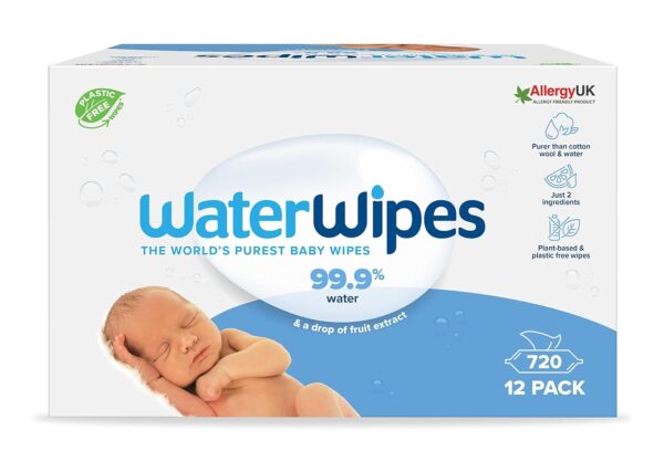 WaterWipes plastikfreie, originale Reinigungstücher für Babys, 720 Stück (12 Packungen), 99,9 % wasserbasierte Reingugnstücher, unparfümiert für empfindliche Haut