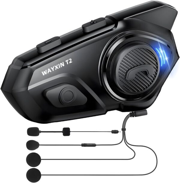 WAYXIN T2 Motorrad Headset mit Gegensprechanlage,Helm Kommunikationssystem für bis zu 2 Motorräder in Reichweite von 300m, mit Sprachassistent, Wasserdicht...
