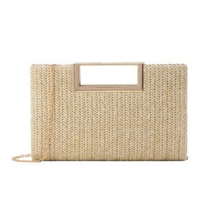 Ynport Crefreak Damen Stroh Clutch Sommer Stroh Dinner Schultertasche mit Metallkette Quadratische Tragetasche Gewebte Handtasche für Hochzeitsfeier