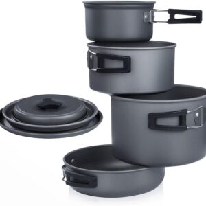 yourGEAR Ranger V Topf Pfannen Set für 4-5 Mann 7 TLG. Camping Kochset Kochgeschirr im Netzbeutel