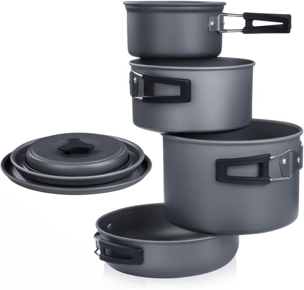 yourGEAR Ranger V Topf Pfannen Set für 4-5 Mann 7 TLG. Camping Kochset Kochgeschirr im Netzbeutel