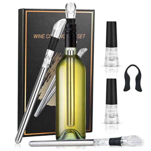 Cieex 7-in-1 Premium Weinkühler Set, 2 Weinkühlstab aus Edelstahl mit Ausgießer & 2 Flaschenverschluss, Flaschenkühler Wein Zubehör, Geschenke für Frauen Männer, Rot-Weißwein...