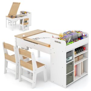 DREAMADE 3 in 1 Kindertisch mit 2 Stühlen aus Holz, Kinder Maltisch mit kippbarer Tischplatte & 2 Stoffboxen & Papierrolle, Kindersitzgruppe mit Stauraum für Kinderzimmer...