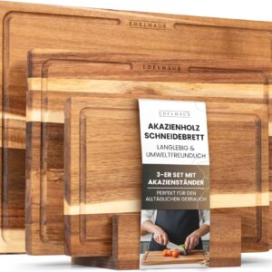 EDELHAUS Schneidebrett Holz 3er Set (40x30cm / 33x24cm / 26x18cm) Holzschneidebrett aus Massiver Akazie - 2cm dicke Holzbretter Küche mit Saftrille - Design Cutting Board...