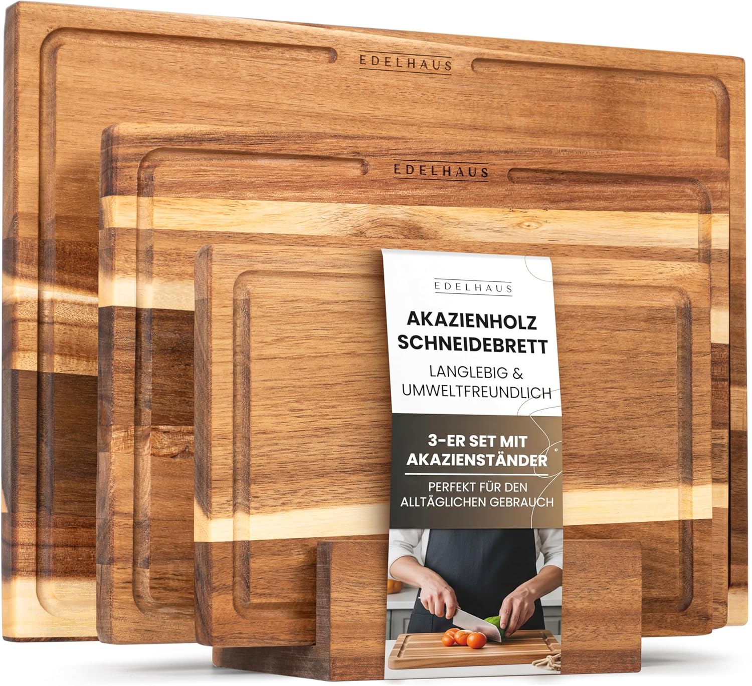 EDELHAUS Schneidebrett Holz 3er Set (40x30cm / 33x24cm / 26x18cm) Holzschneidebrett aus Massiver Akazie - 2cm dicke Holzbretter Küche mit Saftrille - Design Cutting Board...
