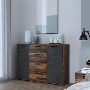 Forte ATTALYAR Kommode mit 4 Schubladen und 2 Türen, Holzwerkstoff, Old – Wood Vintage/Betonoptik Dunkelgrau, B x H x T: 129,6 x 91,3 x 38 cm