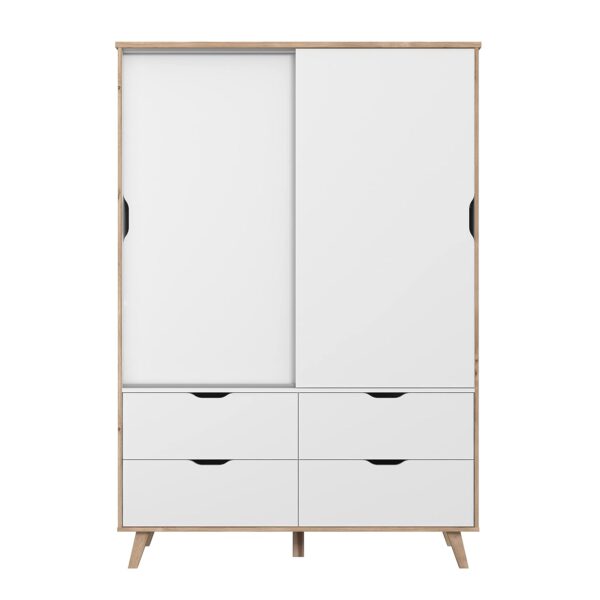 FORTE VANKKA Schrank 140 Kleiderschrank Schiebetüren Skandinavischer Stil 2-türig mit 4 Schubladen Schlaf- oder Kinderzimmer Holzdekor: Eiche mit Weiß 139 cm breit x 201.5 cm...