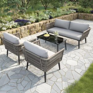 Jtyca Gartenmöbel Set, Lounge Möbel Outdoor, Balkonmöbel Set mit 2-Sitzer-Sofa, 2 Sessel und Couchtisch, Geflochtenes PE-Seil aus Wassergrasimitat, Schwarze Glastischplatte,...