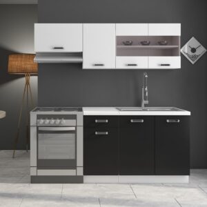 Kuechen-preisbombe Küche Omega Mini 180 cm Küchenzeile Küchenblock Singleküche Schwarz Weiss