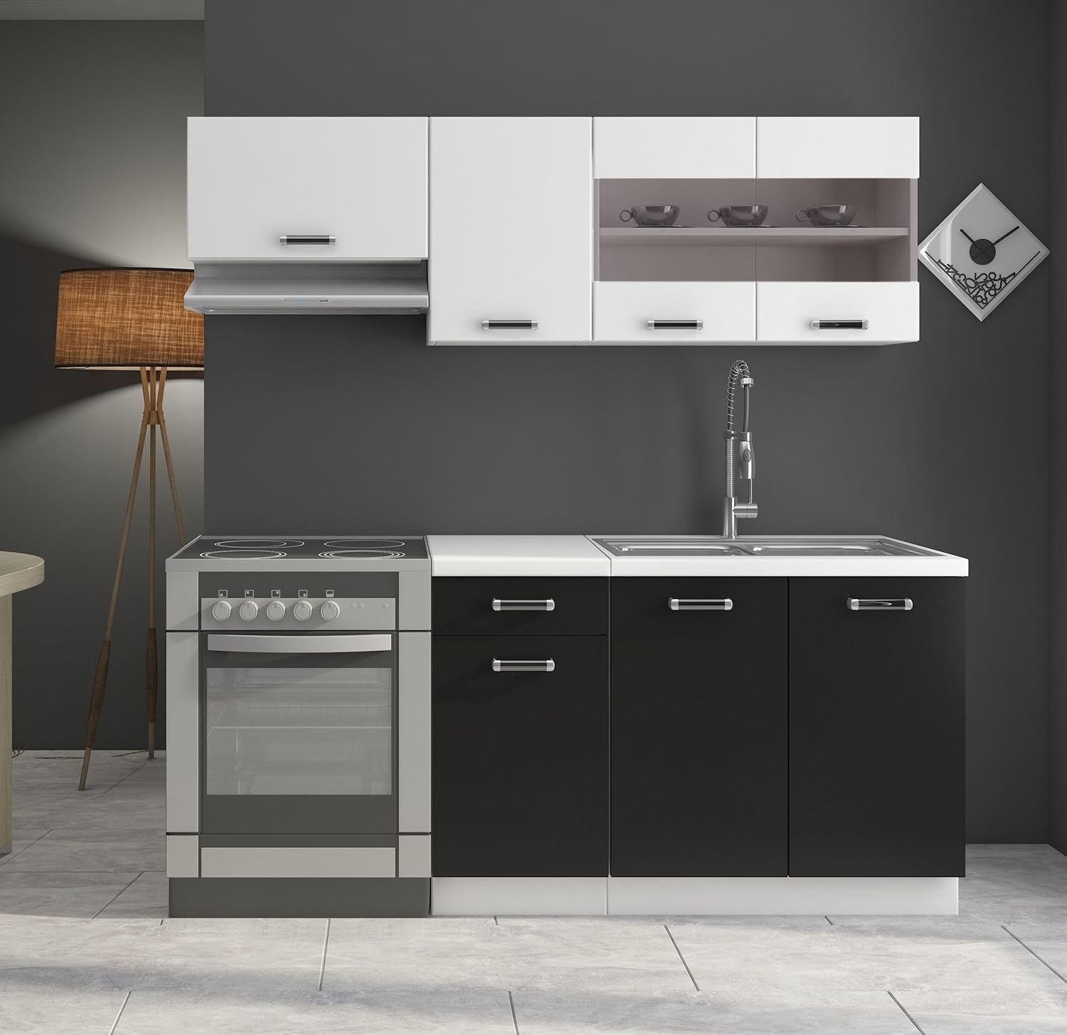 Kuechen-preisbombe Küche Omega Mini 180 cm Küchenzeile Küchenblock Singleküche Schwarz Weiss