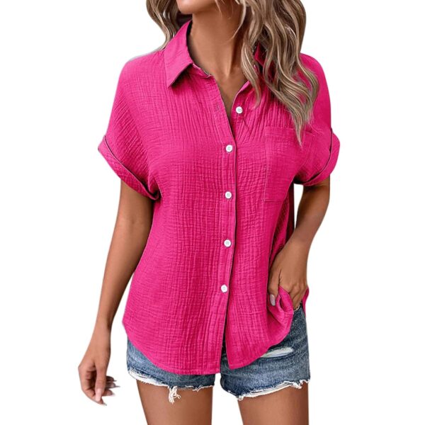 Kurzärmeliges Leinenhemd für Damen, trendig, einfarbig, Strandkragen, Musselin, Boyfriend-Sommer-Top, lässig, Vcation, Gaze-Blusen, Damen, Knopfleiste, Frühling, Dolman-Ärmel,...