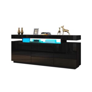 LED Sideboard für Wohnzimmer Hochglanz Buffet Schrank Vitrine 160cm TV Einheit Stand 2 Türen 3 Schubladen TV Lowboard Möbel (Schwarz)