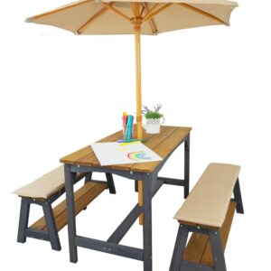 Meppi Kindersitzgruppe Amrum mit Schirm braun/anthranzit aus Holz - Sitzgruppe für Kinder