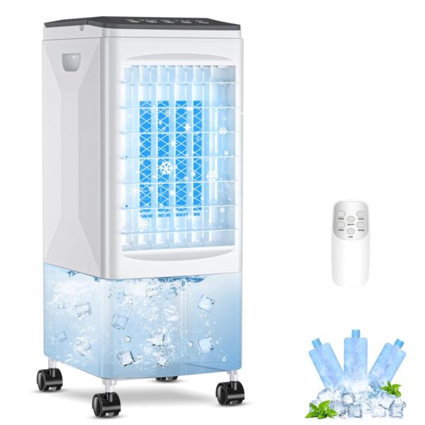 Mobile Klimaanlage Mobil Klimagerät Luftkühler 4 in 1 Ventilator mit Wasserkühlung Klimagerät ohne Abluftschlauch Verdunstungskühler mit 5,5L Wassertank 7h Tmer 3 Kühlakku...
