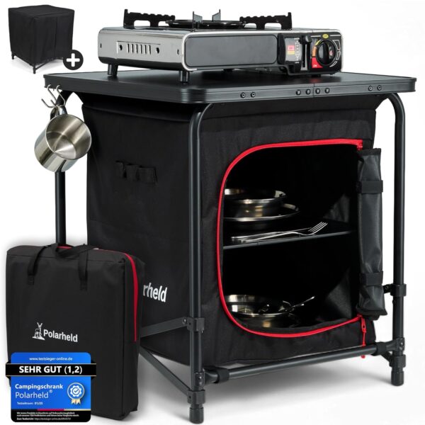 Polarheld Camping 2in1 Campingschrank/Campingtisch faltbar und perfekt für die Campingküche | inkl. Tragetasche, Abdeckhaube & 3 Haken | Campingmöbel robust kompakt & ideal für...