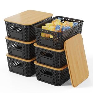 Shrivee 6er-Set Aufbewahrungsbox mit Bambus Deckel, 5L Aufbewahrungskorb, Kunststoff Korb Aufbewahrung, Küchen Aufbewahrungsboxen für Regale, Schränke, Schränke und Zuhause...