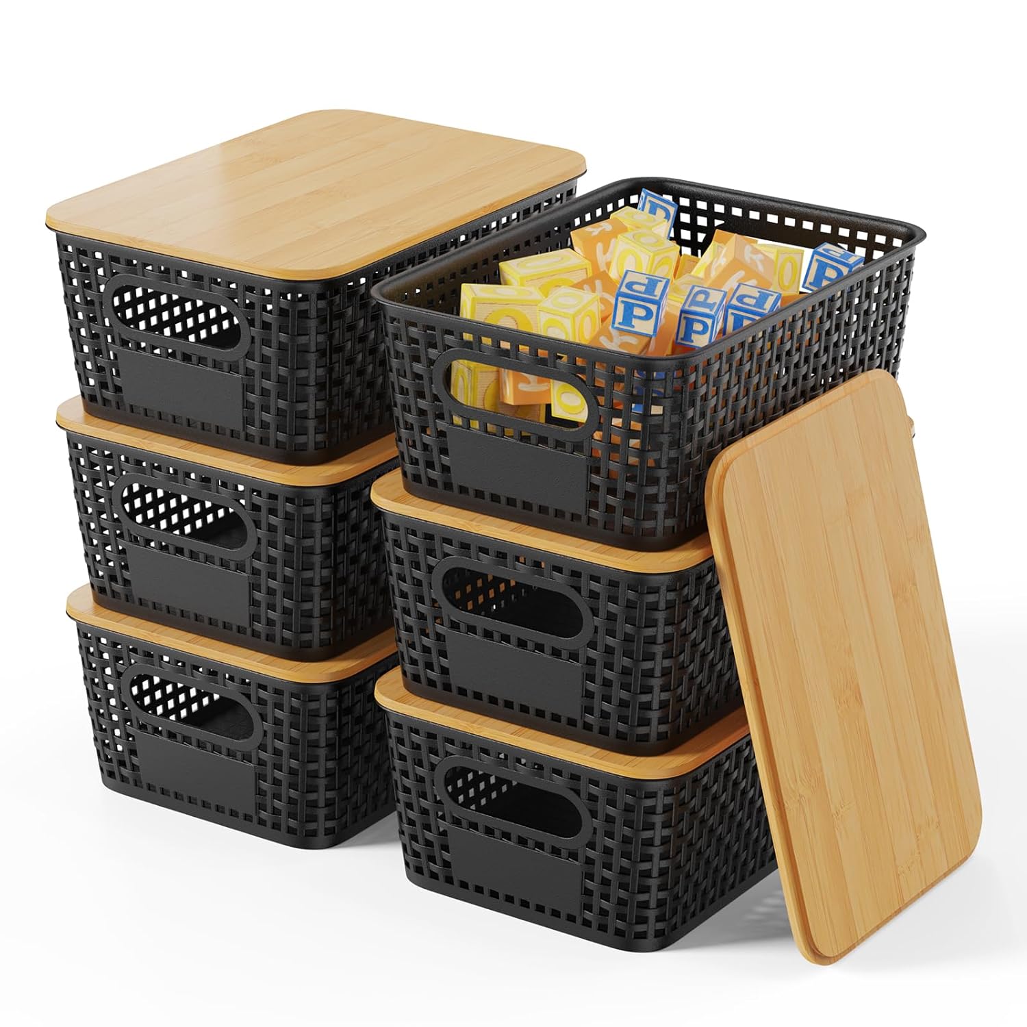 Shrivee 6er-Set Aufbewahrungsbox mit Bambus Deckel, 5L Aufbewahrungskorb, Kunststoff Korb Aufbewahrung, Küchen Aufbewahrungsboxen für Regale, Schränke, Schränke und Zuhause...