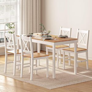sogesfurniture Essgruppe 5-teilig, Esszimmergruppe mit Esstisch 108x65x73 cm, und 4 Stühlen, Rechteckig Küchentisch-Set für Wohnzimmer, Esszimmer, Weiß & Teak