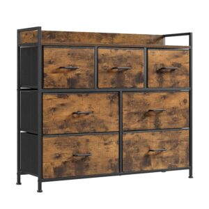 SONGMICS Kommode, Schrank, 7 Stoffschubladen mit Griffen, Metallgestell, Industrie-Design, vintagebraun-tintenschwarz LTS137B01