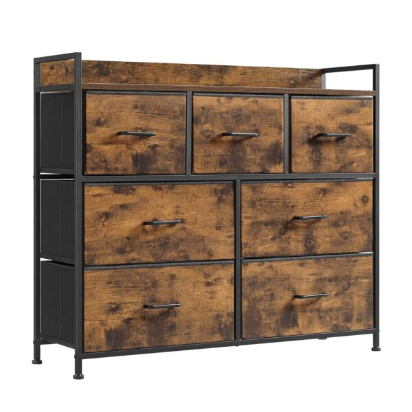 SONGMICS Kommode, Schrank, 7 Stoffschubladen mit Griffen, Metallgestell, Industrie-Design, vintagebraun-tintenschwarz LTS137B01