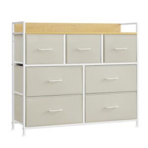 SONGMICS Kommode, Schrank, 7 Stoffschubladen mit Griffen, Metallgestell, Industrie-Design, cremeweiß-wolkenweiß LTS523W01