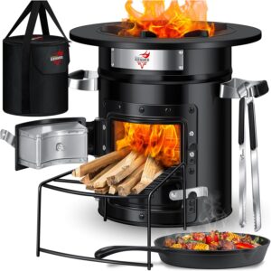 KESSER® Raketenofen mit Grillpfanne aus Gusseisen | inkl. Grillzange & Tragetasche | Dutch Oven 6 integrierte Spikes | BBQ Rakete Holzofen | Camping Outdoor-Campingkocher |...