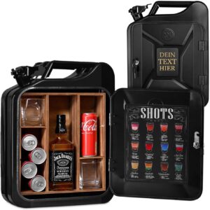 Maverton 20L Kanister Bar mit Gravur Jerrycan 4 Herausnehmbaren Fächern schwarzer Metall Mobile Bar Geburtstagsgeschenk für Männer, Abschließbarer Minibar - Größe: 36x46x18cm