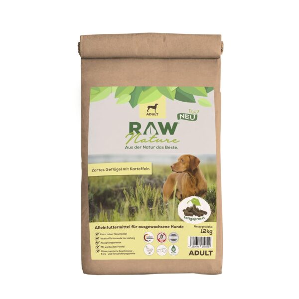 RAW Nature Trockenfutter Adult mit Huhn 12kg, kaltgepresstes Hundefutter, Getreidefrei, 100% Muskelfleisch, hoher Fleischanteil, ohne künstliche Zusätze, für alle Rassen geeignet