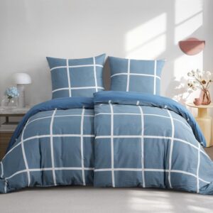 RUIKASI Bettwäsche 135x200 Baumwolle 4teilig Denimblau - Baumwollbettwäsche 135 x 200 4tlg mit Karo Blau, Bettbezug Set 4 teilig Cotton mit Reißverschluss