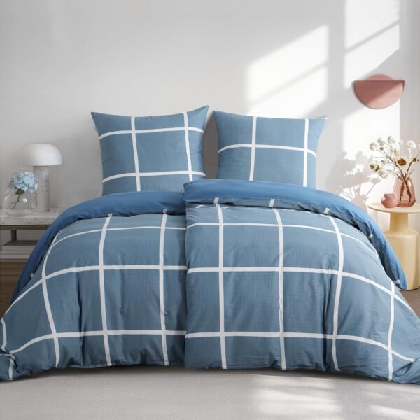 RUIKASI Bettwäsche 135x200 Baumwolle 4teilig Denimblau - Baumwollbettwäsche 135 x 200 4tlg mit Karo Blau, Bettbezug Set 4 teilig Cotton mit Reißverschluss