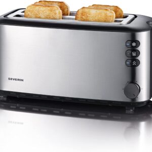 SEVERIN Automatic Long Slot Toaster, with Bun Attachment, High-Quality Stainless Steel Toaster with Large Roasting Chambers and 1400 W Power, Brushed Stainless Steel/Black, AT 2509