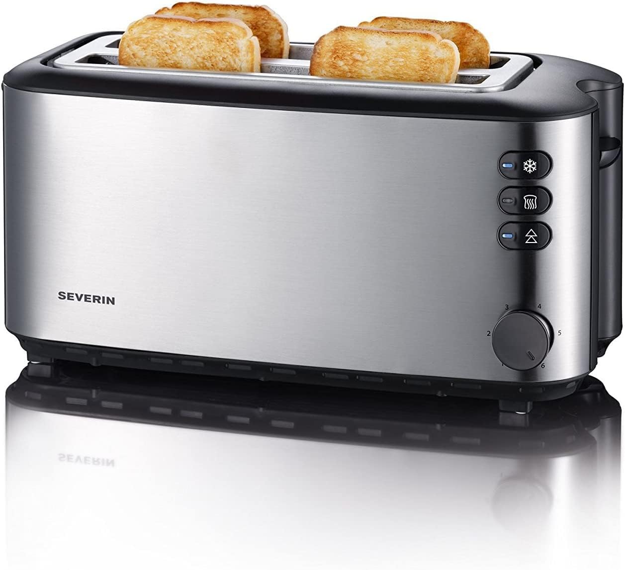 SEVERIN Automatic Long Slot Toaster, with Bun Attachment, High-Quality Stainless Steel Toaster with Large Roasting Chambers and 1400 W Power, Brushed Stainless Steel/Black, AT 2509