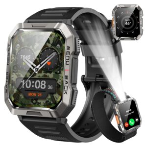 Smartwatch Herren Militär, 100 Tage Akkulaufzeit/LED Taschenlampe/Kompass/2 Armbänders/IP68 Wasserdicht, 100+Sportmodi Sportuhr, Anrufe tätigen/Empfangen Smartwatch Outdoor...
