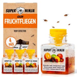 Super Ninja Fruchtfliegenfalle für Innenbereich – 4er-Pack, Wirksame Obstfliegenfalle für Haushalt und Küche, bis zu 3 Wochen Leistung pro Flasche, Kinder-und haustierfreundlich